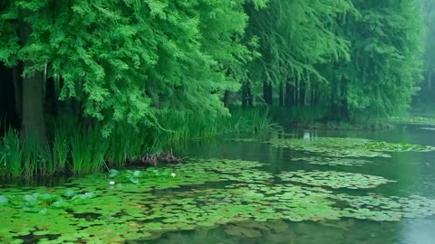 The beautiful little lake is raining