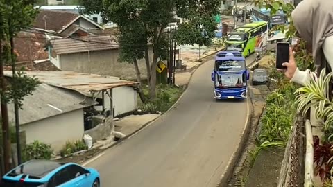 convoy of tourist buses on a sharp incline