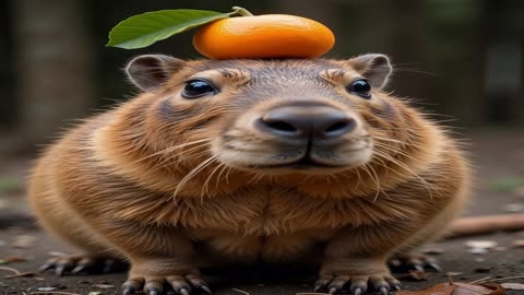 A Cute capybara with an orange on his head, staring far away