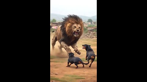 Lion Attacking Rottweiler Dogs in a Village