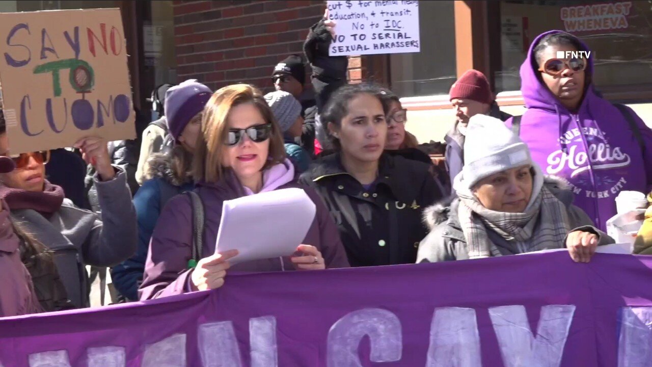 Protesters and Supporters outside Andrew Cuomo rally to announce run for NYC Mayor