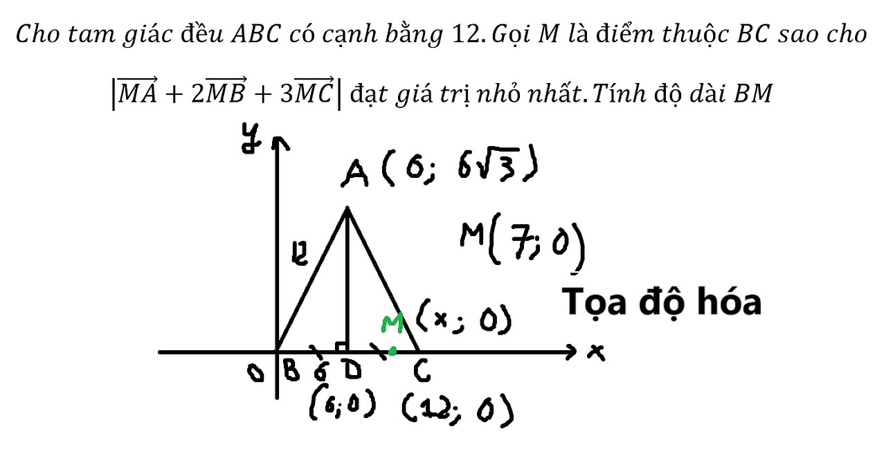 Toán 10: Cho tam giác đều ABC có cạnh bằng 12.Gọi M là điểm thuộc BC sao cho