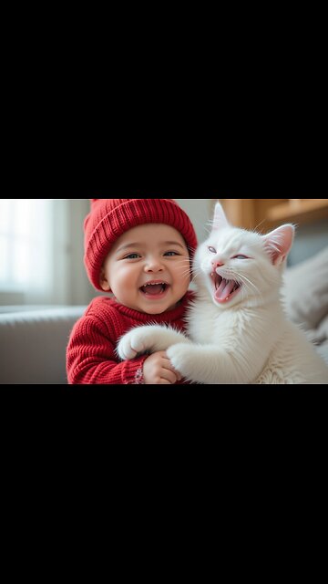 Baby's Big Smile with Adorable Yawning Cat: Pure Joy
