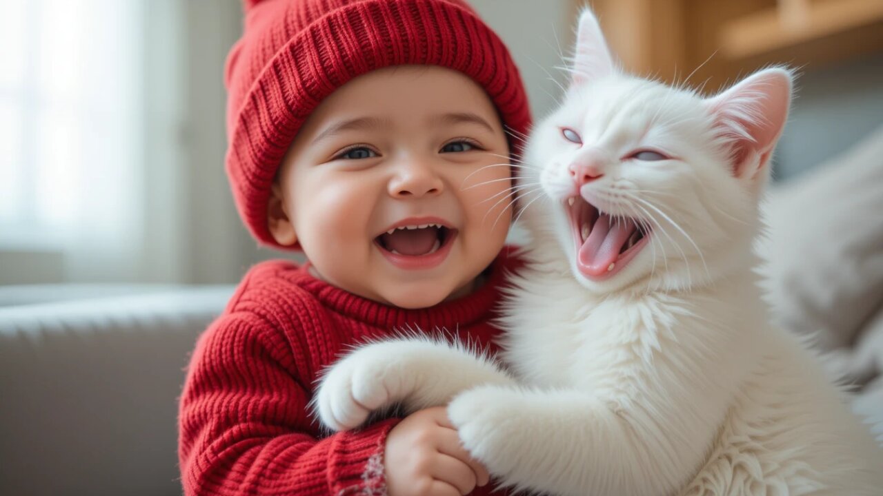 Baby's Big Smile with Adorable Yawning Cat: Pure Joy