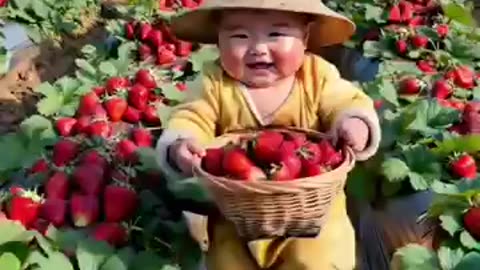 "Sweet Baby Boy Walking in the Field and Picking Strawberries 🍓 | Cutest Moment Ever!"