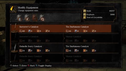 Dark Souls | Using a Soul of Gwyndolin to ascend a Sorcerer's Catalyst to a Tin Darkmoon Catalyst
