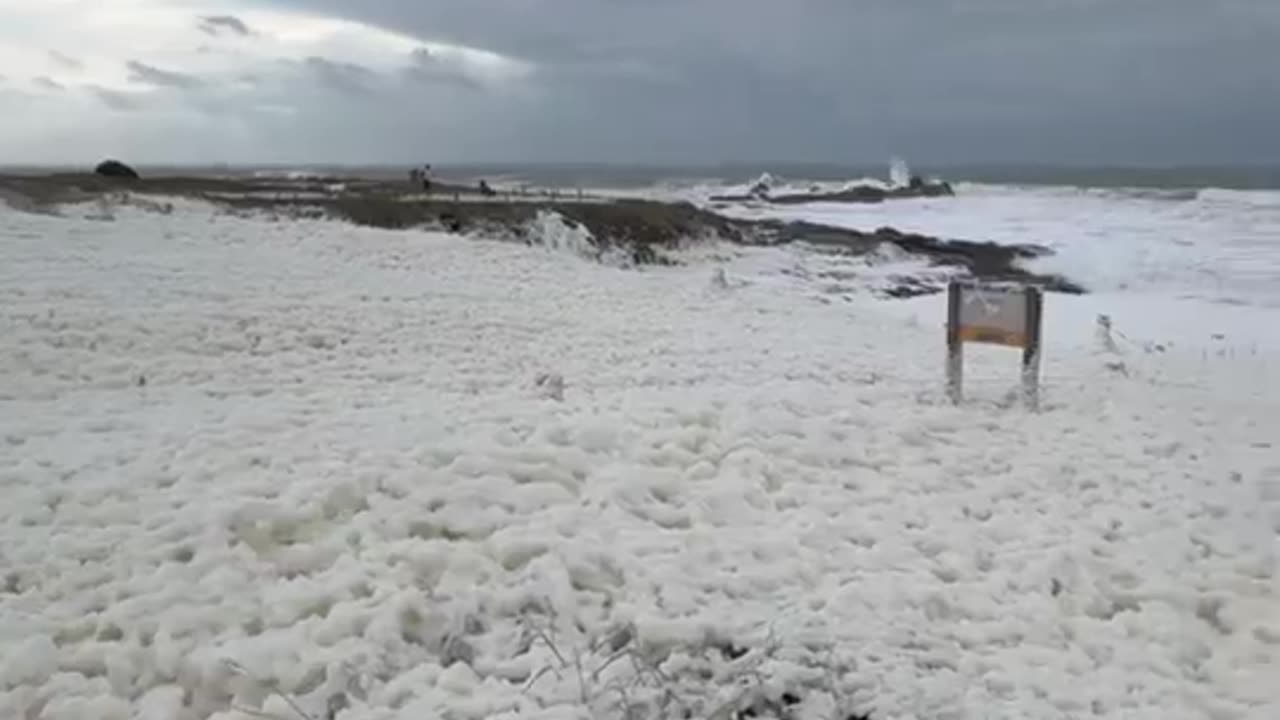 A Layer Of Foam Forms On The Coast Of Quiberon, France