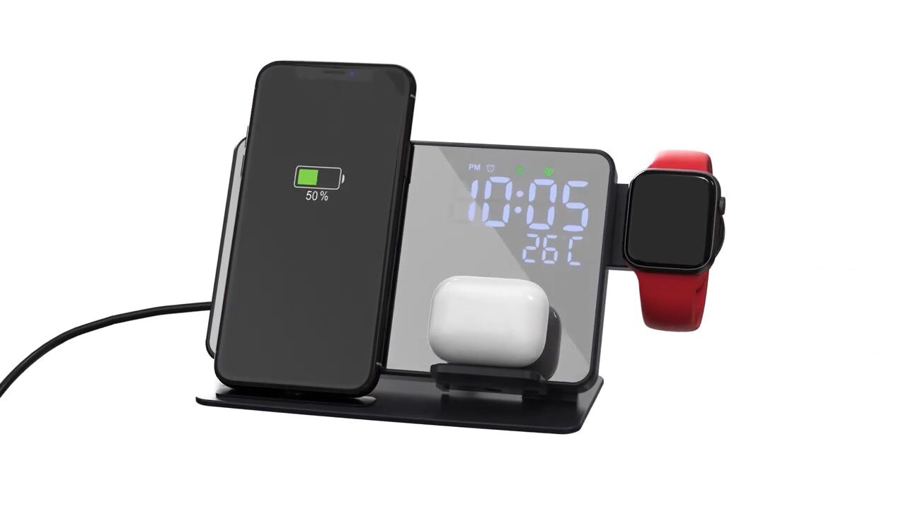 Wireless Charger Stand Alarm Clock Temperature Fast Charging Dock Station