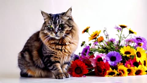 Stunning Cat And Flowers