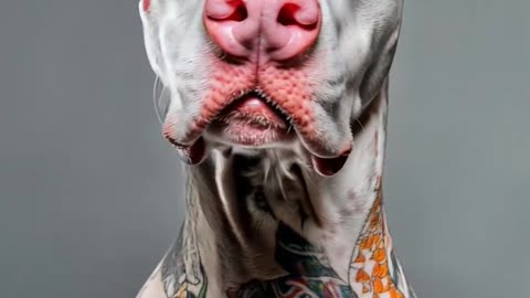 albino white doberman with pink nose looks the camera