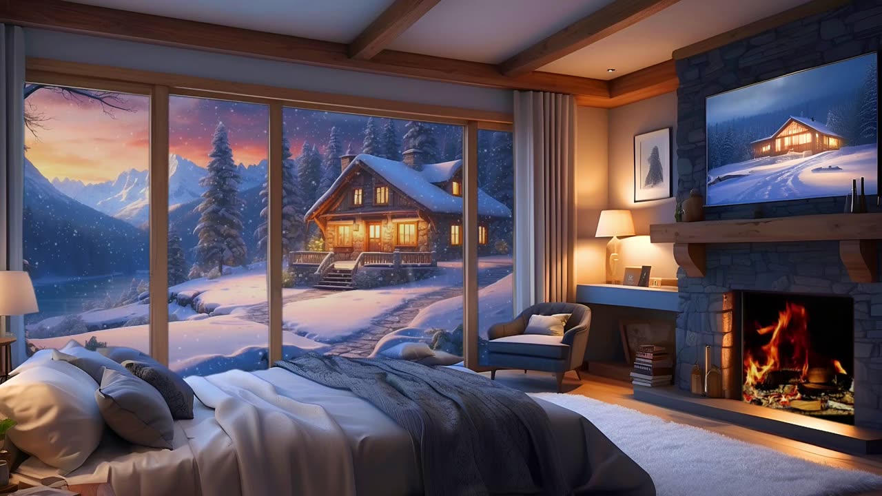 Cabin Bedroom With Fireplace On A Snowy Night