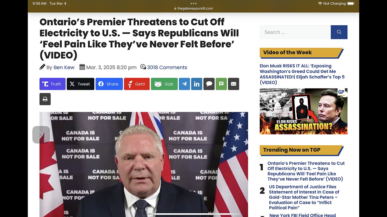 Ontario’s Premier Threatens to Cut Off Electricity to U.S. — Says Republicans Will ‘Feel Pain …