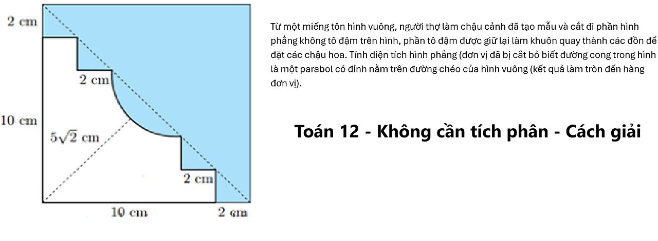 Toán 12: Từ một miếng tôn hình vuông, người thợ làm chậu cảnh đã tạo mẫu và cắt đi phần