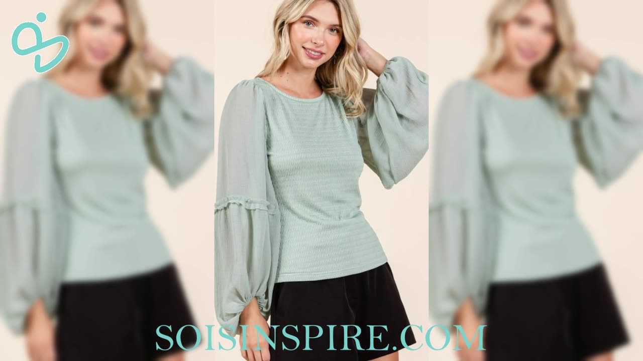 Mittoshop Mixed Media Textured Knit Chiffon Long Sleeve Top