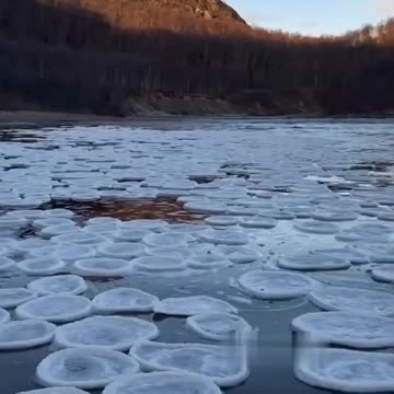 These ice pancakes float on the surface of the water, creating an unusual landscape