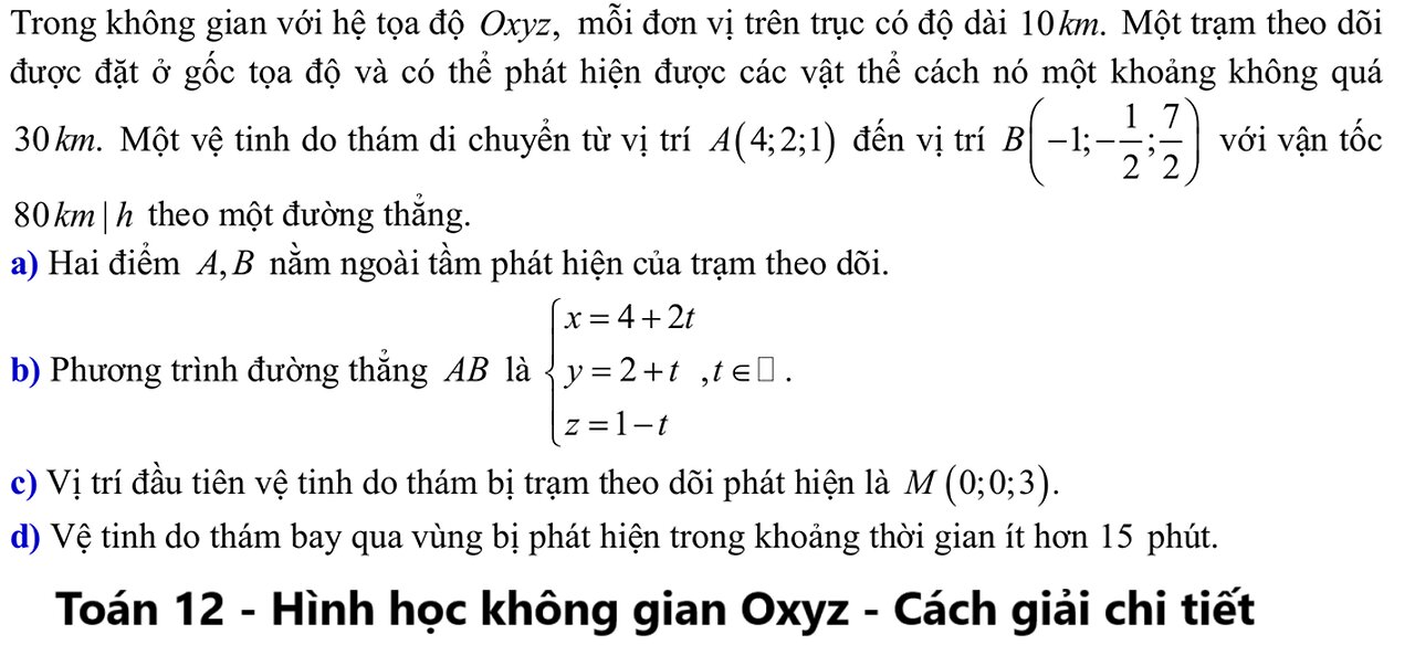 Trong không gian với hệ tọa độ Oxyz, mỗi đơn vị trên trục có độ dài 10km. Một trạm theo