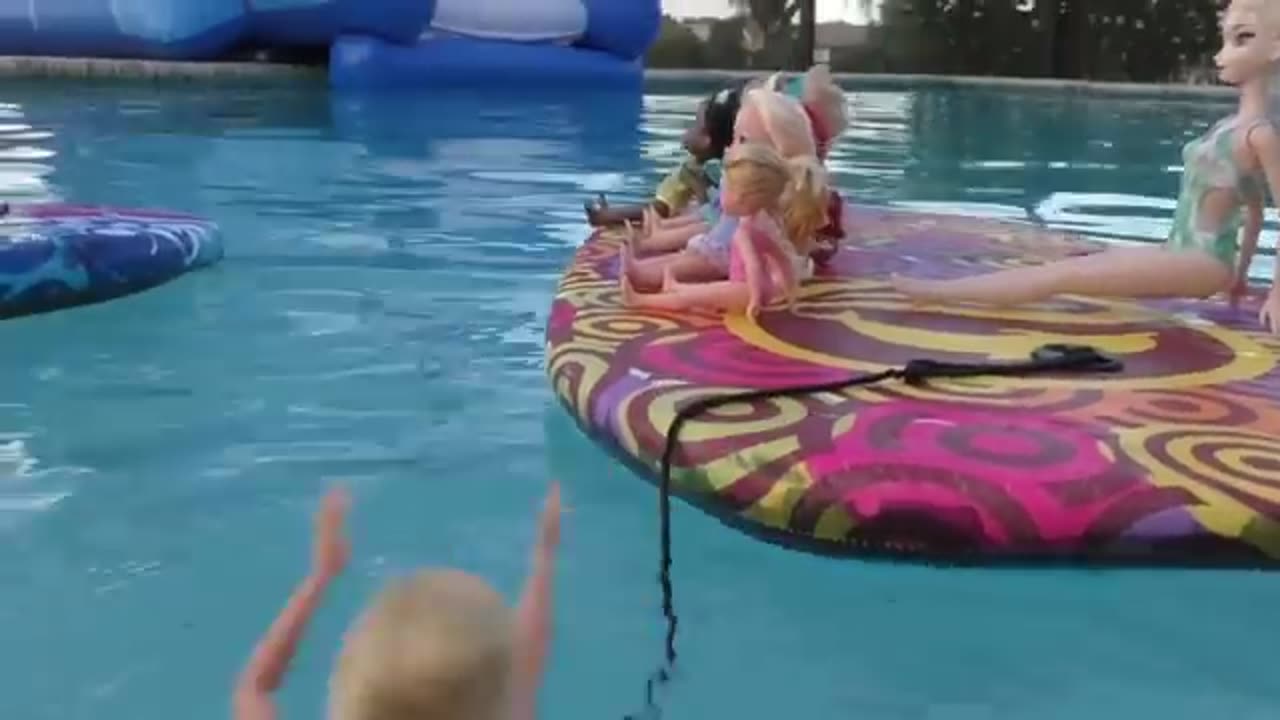 Water Slide ! Elsa and Anna toddlers - pool playdate - Barbie - floaties - swim - water fun - splash