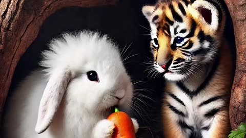 Cute rabbit saves poor little tiger cub 🐰 #RabbitRescue #CuteAnimals #AnimalRescue