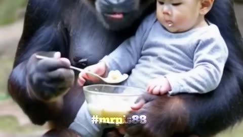 Gorilla Feeds Baby Porridge In The Green Park