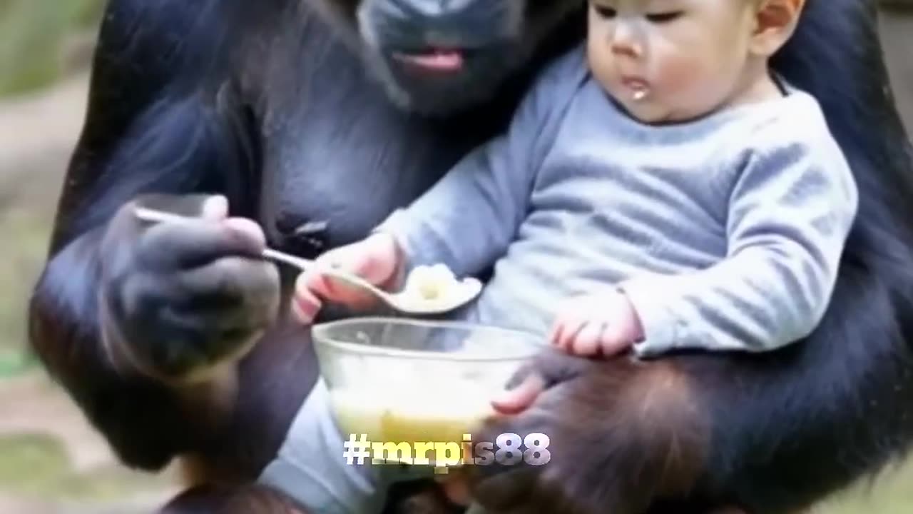 Gorilla Feeds Baby Porridge In The Green Park