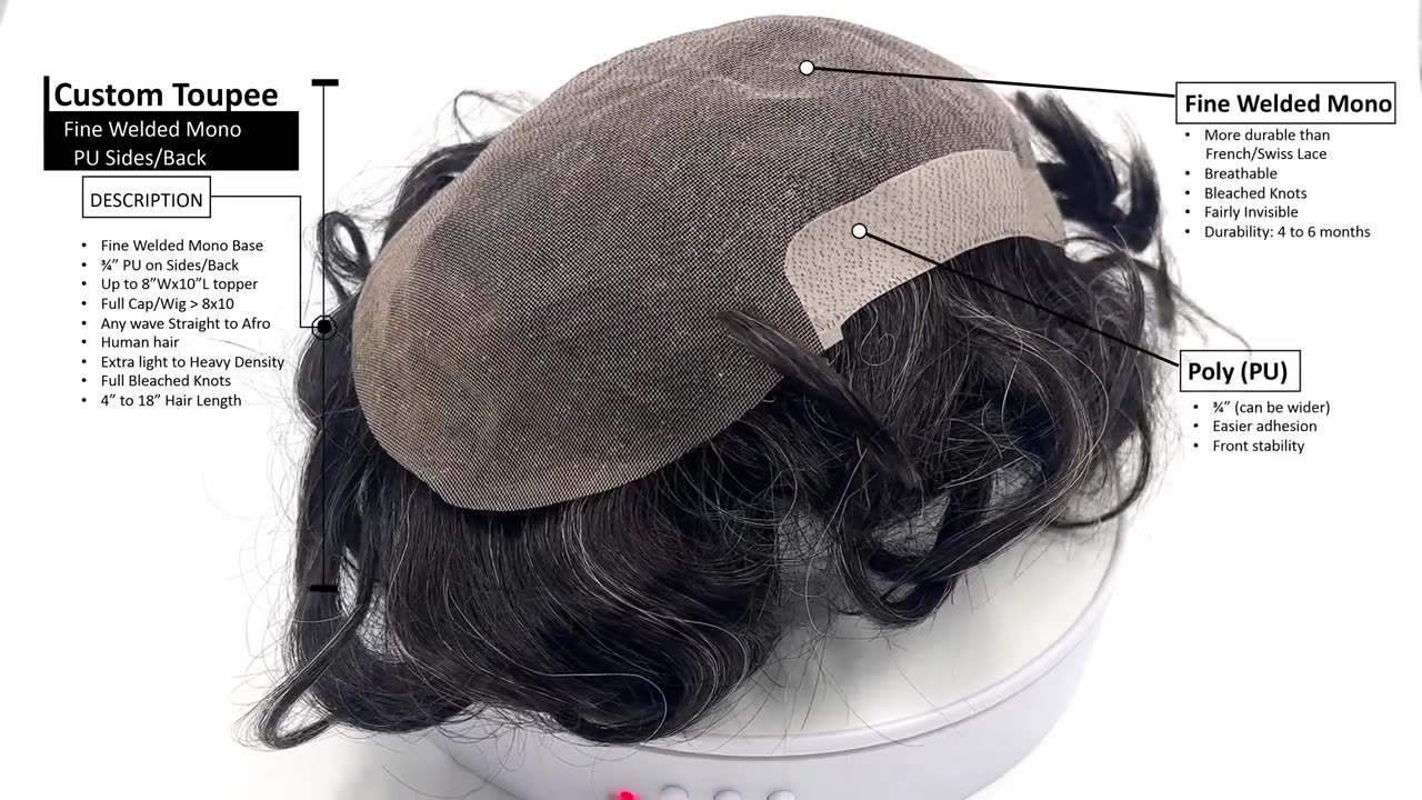 Hairpiece Warehouse Custom Mens Toupee: Fine Welded Mono with PU SIdes and Back