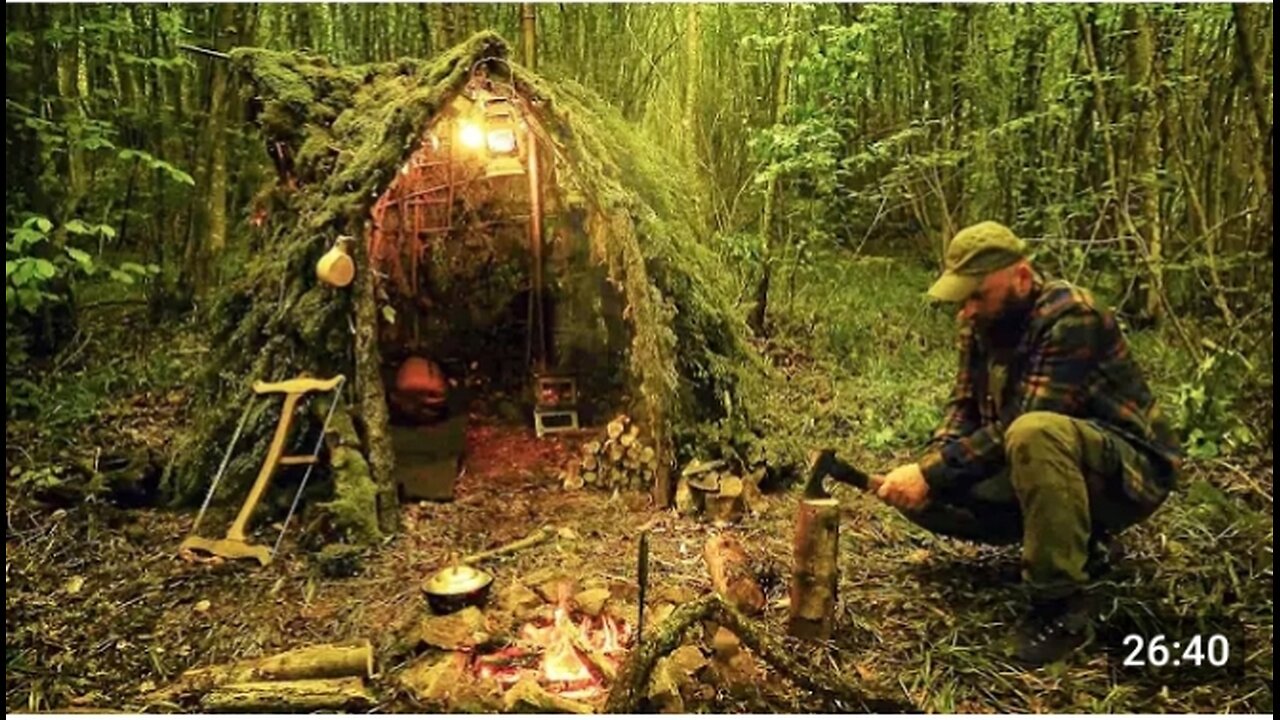 Building a Survival Shelter in a Forest (8K) | Camp Food from Natural Herbs