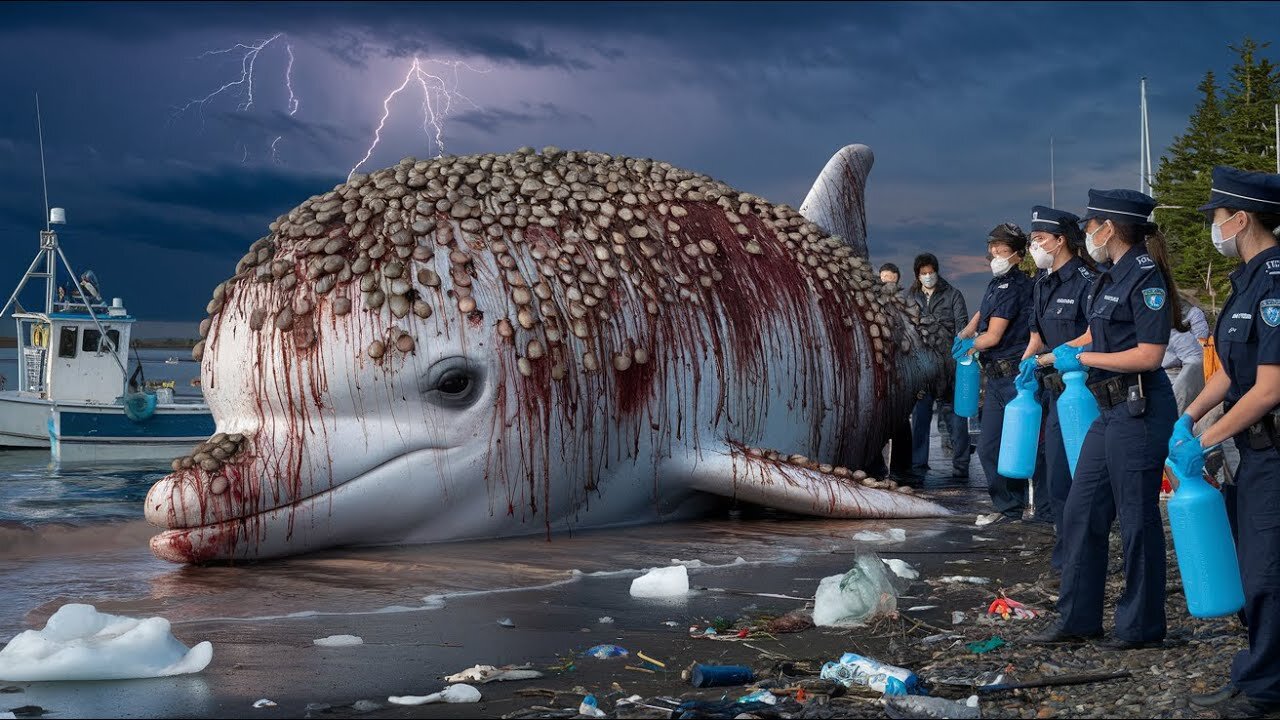 The giant white whale is stranded on the beach by millions of barnacles living on its body