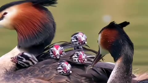 GREAT CRESTED GREBE FATHER LOVINGLY FEED HIS BABIES PERCHED ON THEIR MOM’S BACK