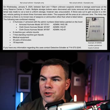 CA fire theft 3 humvees, 8 machine gun mounts, 7 tripods, 18 bayonets from Army Reserves Stn