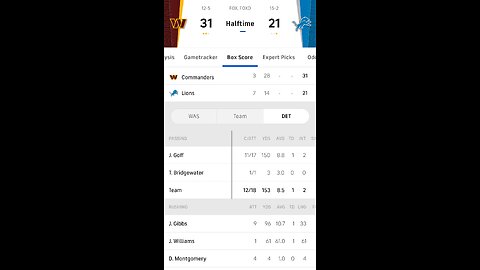 Commanders vs Lions halftime live