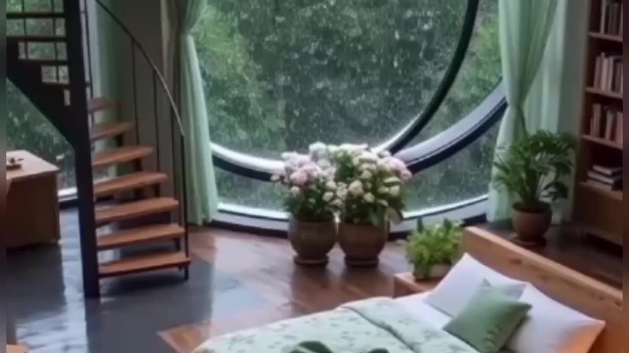 Resort Bedroom, Circular Window View.