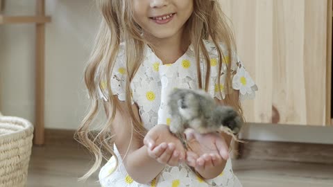 A Cute Girl Holding a Chick