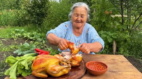 Mom happy eat roast chicken fried