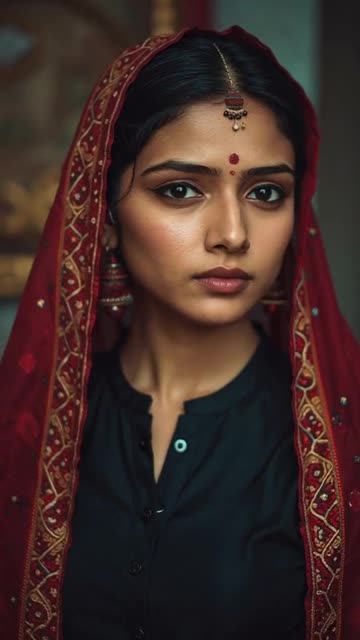 an indian girl wearing a black suit and maroon dupatta and having a bindi on her forehead