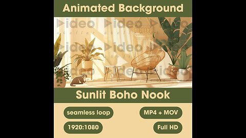 😸Sunlit Boho Nook • Zoom Teams Streamer Background Office • Low Stim FHD Seamless Ambient Calm Home