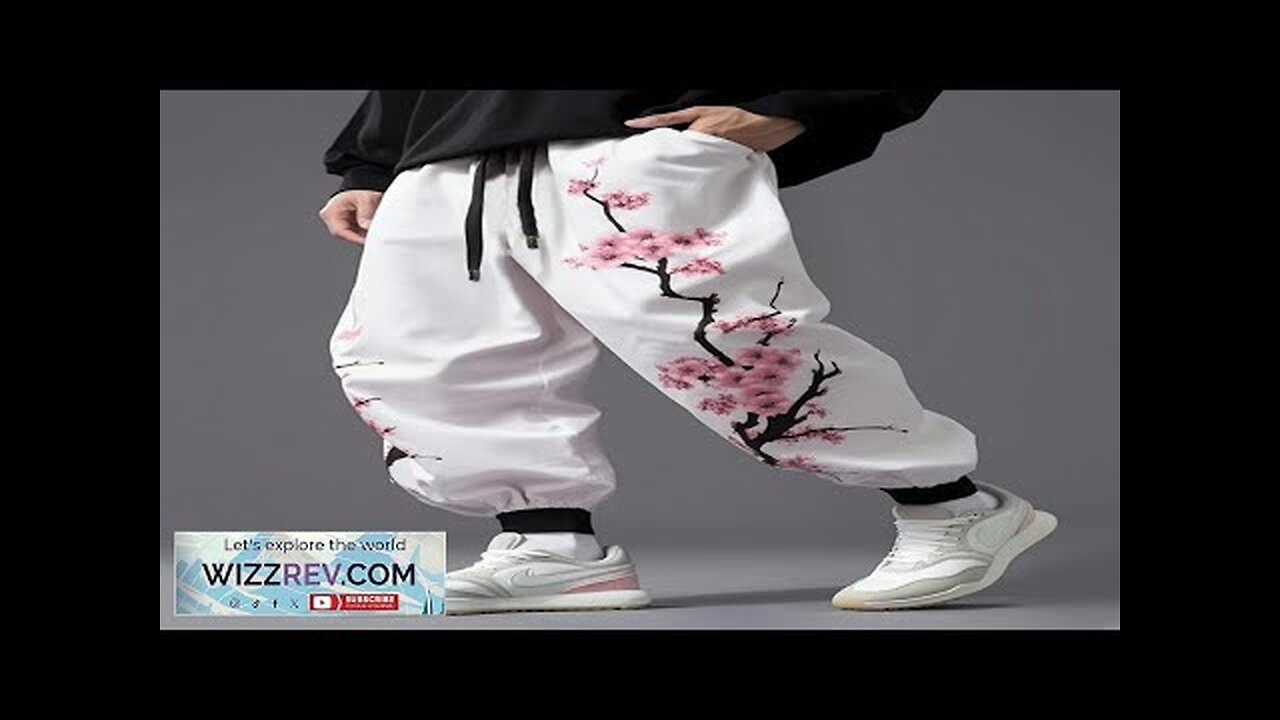 Mens Japanese Cherry Blossoms Print Loose Drawstring Waist Pants White S Review