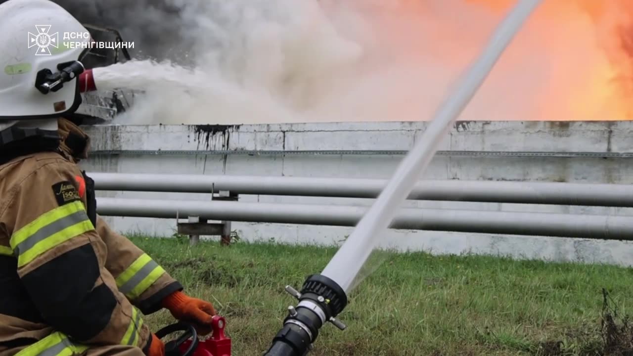 The aftermath of a Russian strike on an oil depot in Pryluky.