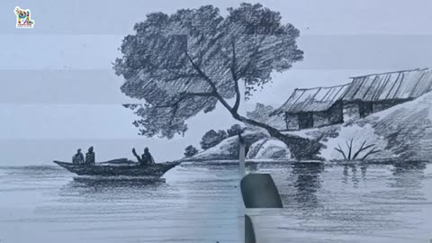 How to draw Lake side Village Pencil Art || Landscape Art