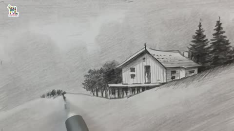 How to draw a wooden house on hill