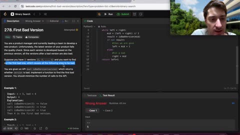 First Binary Search Success: Leetcode 278. First Bad Version