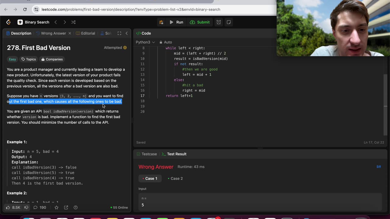 First Binary Search Success: Leetcode 278. First Bad Version