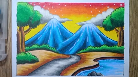 Color the picture of a beautiful and cool mountain view