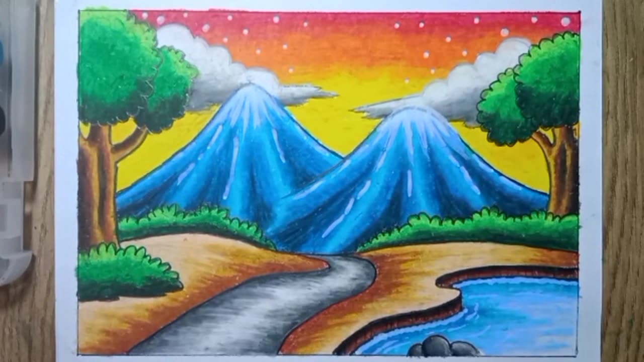 Color the picture of a beautiful and cool mountain view