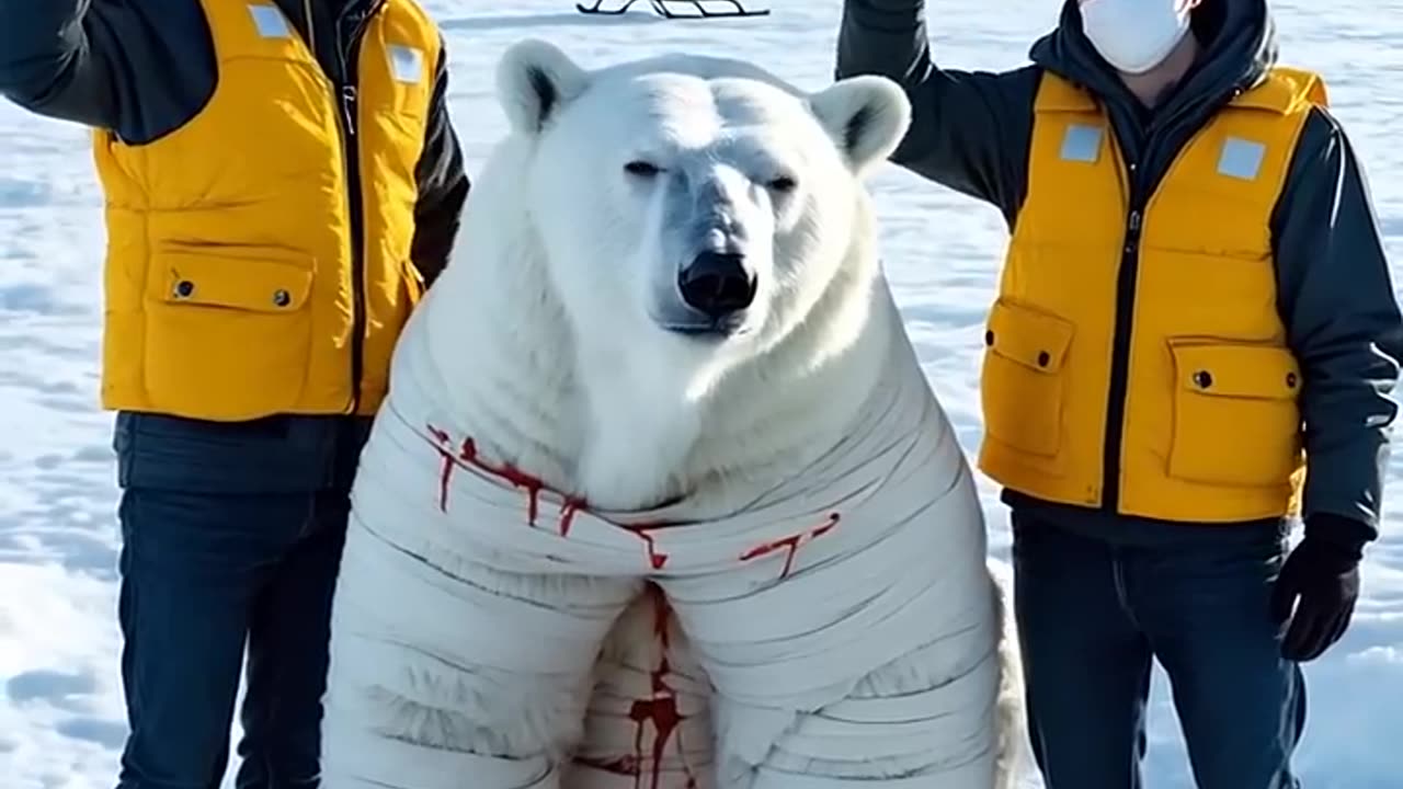 The polar bear was tightly clung to a giant beehive and thousands of bees flying along