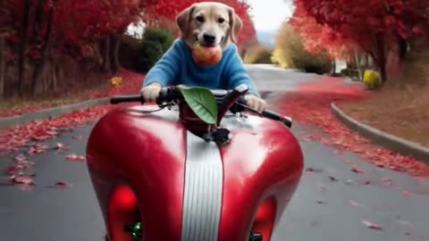 Funny dog ride in bike with apple