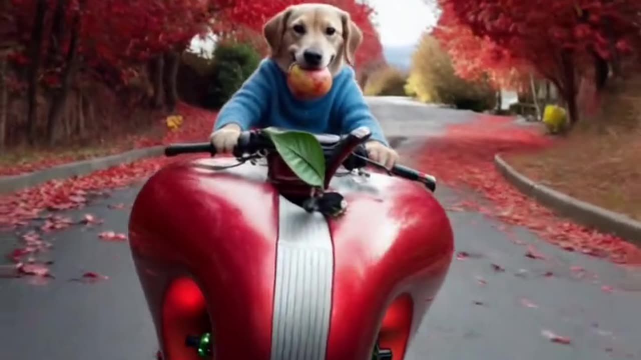 Funny dog ride in bike with apple