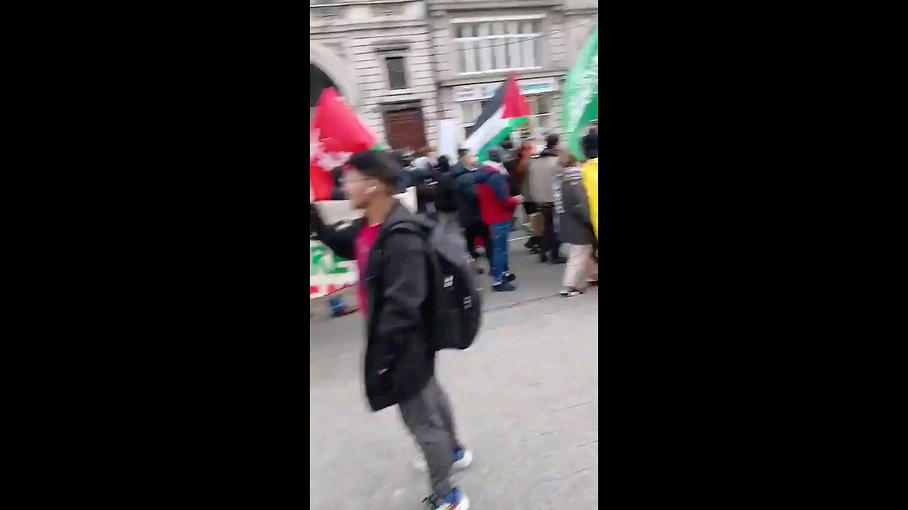 The Irish celebrate the ceasefire in Palestine by raising the Hezbollah, Hamas and Palestinian flags