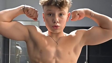 14 years old teen boy flexing muscles
