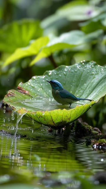 A Blue-crowned Manakin in a humid rainforest canopy approaches a very large