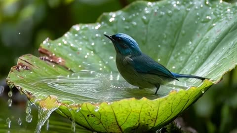 A Blue-crowned Manakin in a humid rainforest canopy approaches a very large